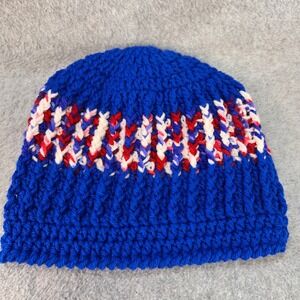 Striped Design Mens Blue Handmade Beanie Crochet Knit Winter Hat OS